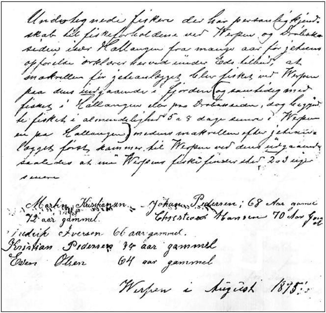 Erklæring om endringer i makrellfisket ved Verpen i Hurum datert august 1895. Den ble underskrevet av seks erfarne fiskere. (Kilde: Bernhard Magnussen